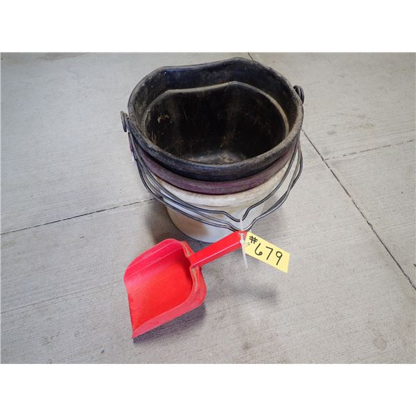 3 - PLASTIC 20 QUART WATER BUCKETS FLAT BACK WITH FEED SCOOP