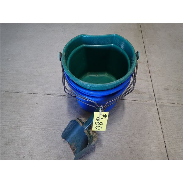 3 - PLASTIC 20 QUART WATER BUCKETS FLAT BACK WITH FEED SCOOP