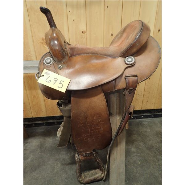 14 1/2" TALL HORSE SADDLERY BARREL RACING SADDLE, 7” GULLET, C/W 32" WOOL FRONT CINCH & BACK CINCH