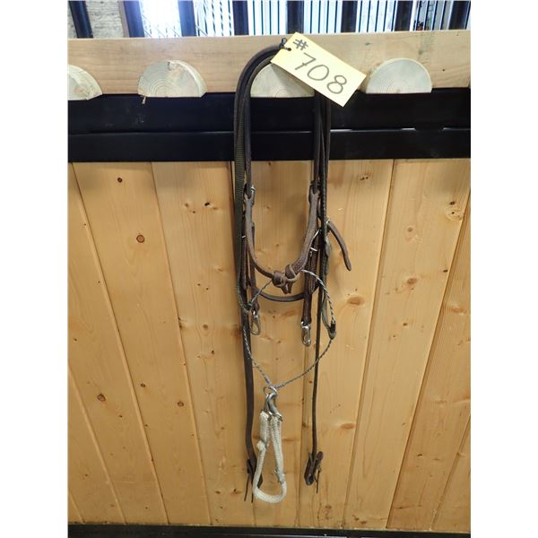 LEATHER HEADSTALL, BARREL RACING REINS, TWISTED WIRE TIE DOWN