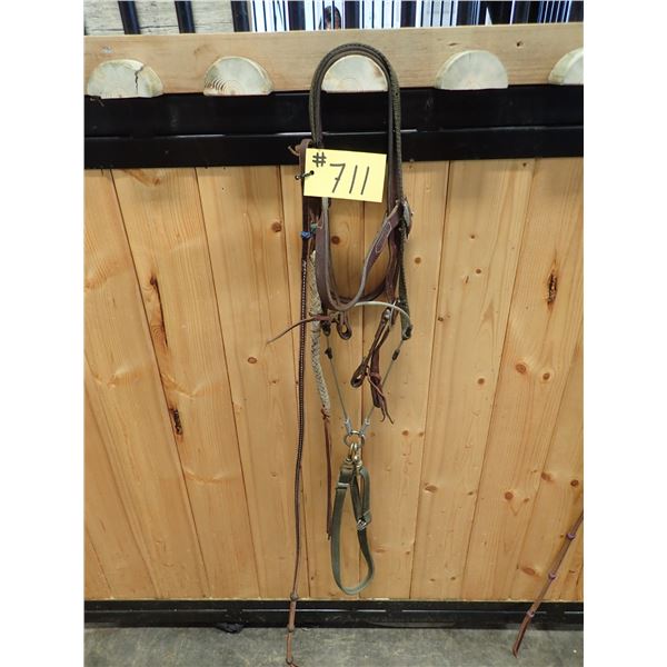LEATHER HEADSTALL, WHIP, OVER & UNDER, COVERED WIRE TIE DOWN