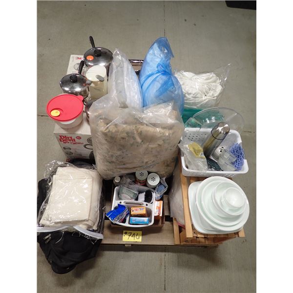 PALLET OF HOUSEHOLD; BEDDING, PILLOWS, DIRT DEVIL VACUUM (NEW), POTS, DISHES ETC.