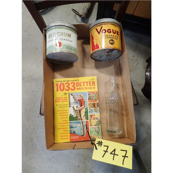 2 TOBACCO CANS, POP BOTTLE, 1969 POPULAR MECHANICS MAGAZINE