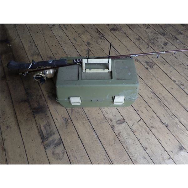 FISHING ROD, REEL & TACKLE BOX C/W TACKLE