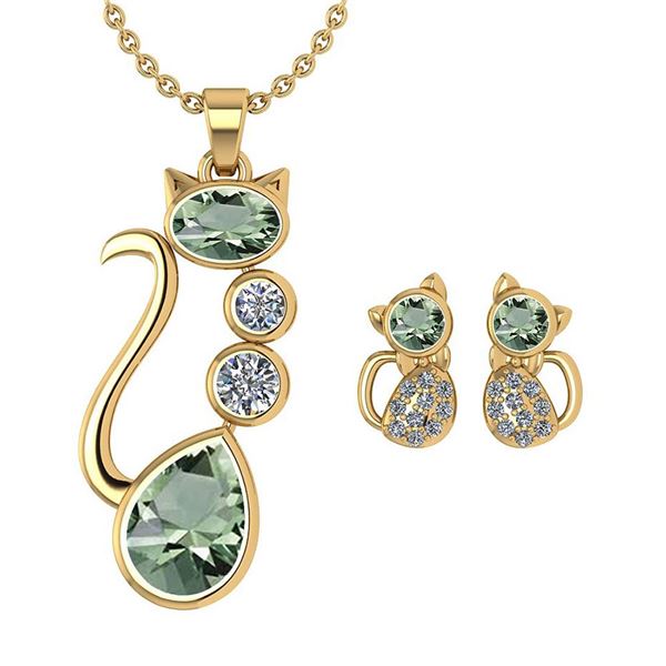 Certified 2.37 Ctw Green Amethyst And Diamond Cat Neckl