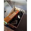 Image 8 : 3 boxes of plumbing supplies, belts and fold ing bench legs
