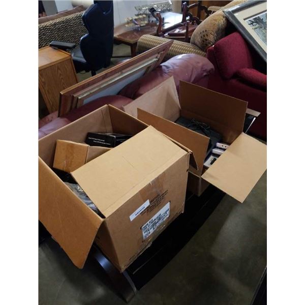 2 BOXES OF ELECTRONICS, VIDEOGAME CONSOLES - PS2, XBOX, BLURAY PLAYER, INVERTER, APC SURGE PROTECTOR