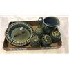 Image 1 : TRAY OF IRISH PORCELAIN CHINA - CREAM AND SUGAR, SALT AND PEPPER AND HAND PAINTED DISH