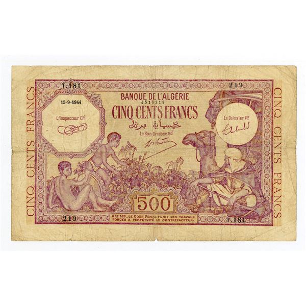 Banque de l'Algerie. 1944 Issue Banknote.