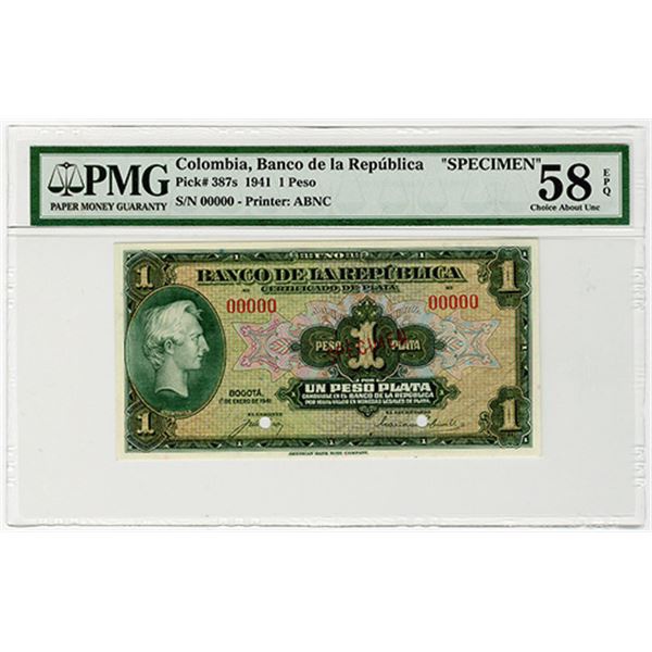 Banco de la Republica. 1941. Specimen Banknote.