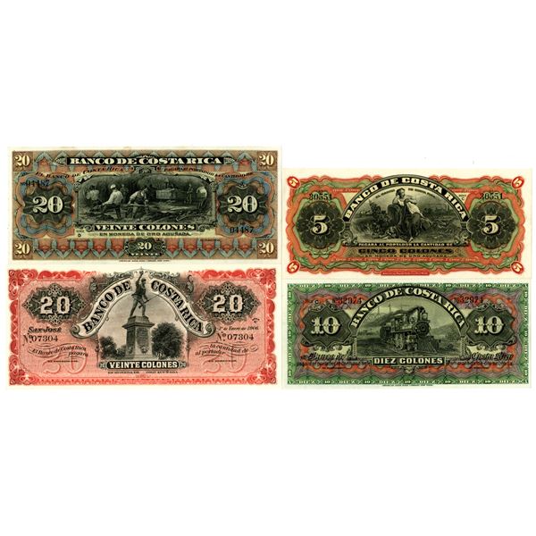 Banco de Costa Rica. 1901-1906. Lot of 4 Remainder and Never Issued Banknotes.