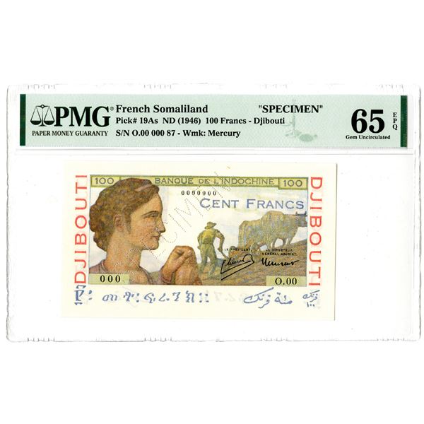 French Somaliland, Banque de l'Indochine. ND (1946). Specimen Banknote.