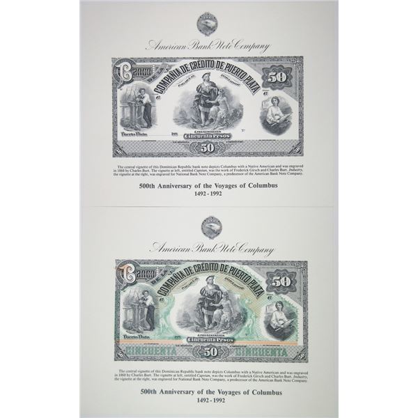 ABNC 1992 Centennial of 500th Anniversary of the Voyages of Columbus. 50 Pesos Reprint Souvenir Pair