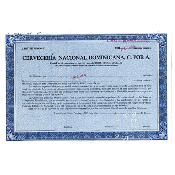 Cerveceria Nacional Dominicana, C. Por A., 1985 Specimen Stock Certificate