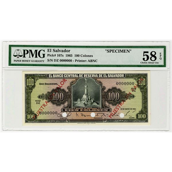 Banco Central de Reserva de El Salvador. 1965. Specimen Banknote.