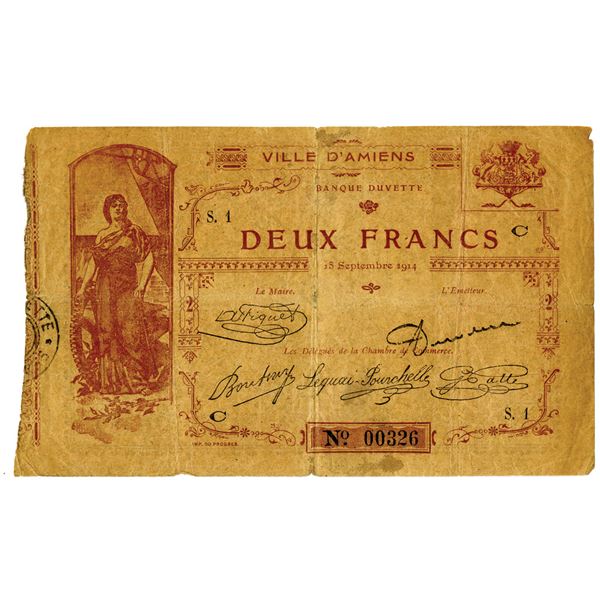 Chambre de Commerce d'Amiens. 1914. Issued Emergency Scrip Note.