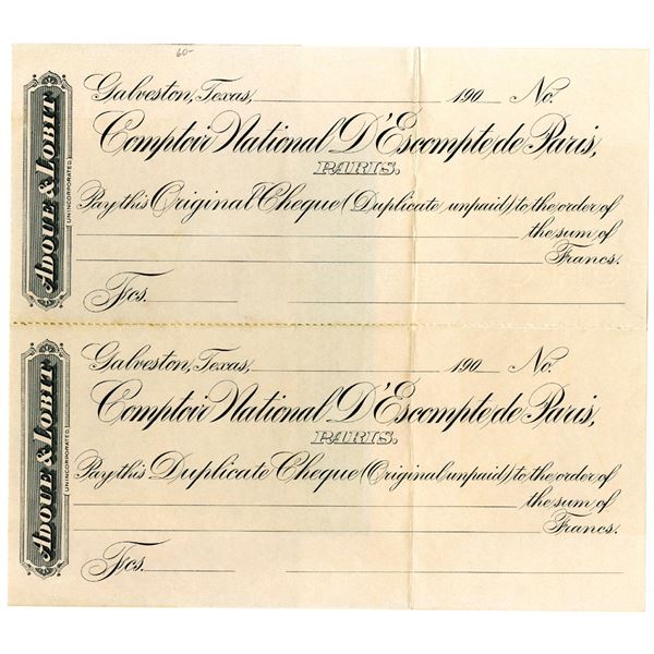 Comptor National d'Escompte de Paris Uncut Proof Check Pair, ca. 1900s