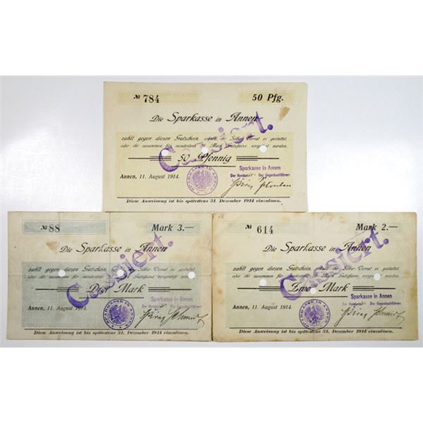 Annen. Die Sparkasse in Annen, 1914. Lot of 3 Issued Notgeld Notes.