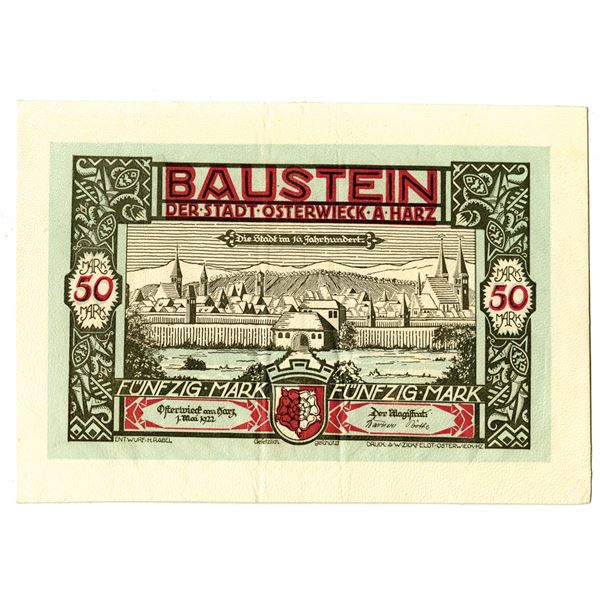 Baustein, Der Stadt Osterwieck a Harz. 1922. Issued Leather Notgeld Note.