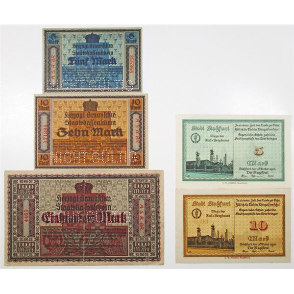 Braunschweig & Sta¤furt. 1918. Lot of 5 Issued Emergency Notgeld Banknotes.