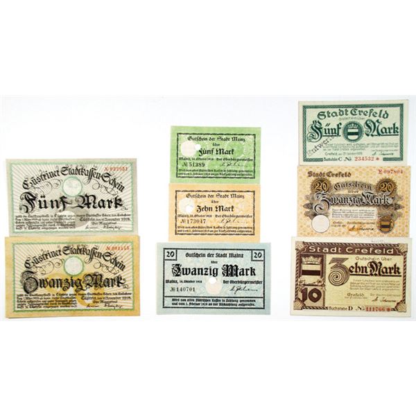 Crefeld, Mainz, & KÙstrin. 1918. Lot of 8 Issued Notgeld Scrip Notes.
