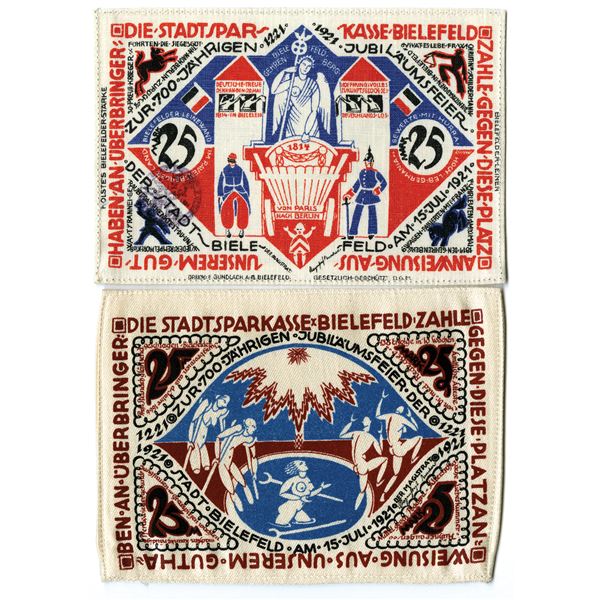 Germany, City of Bielefeld. 1922. Issued Linen and Silk Notgeld Note Pair.