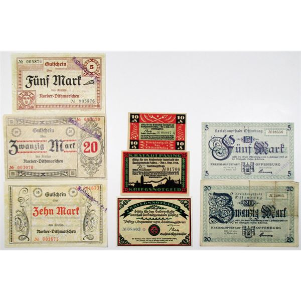Norder-Dithmarschen, Offenburg & Pasing. 1918. Lot of 8 Issued Emergency Notgeld Banknotes.