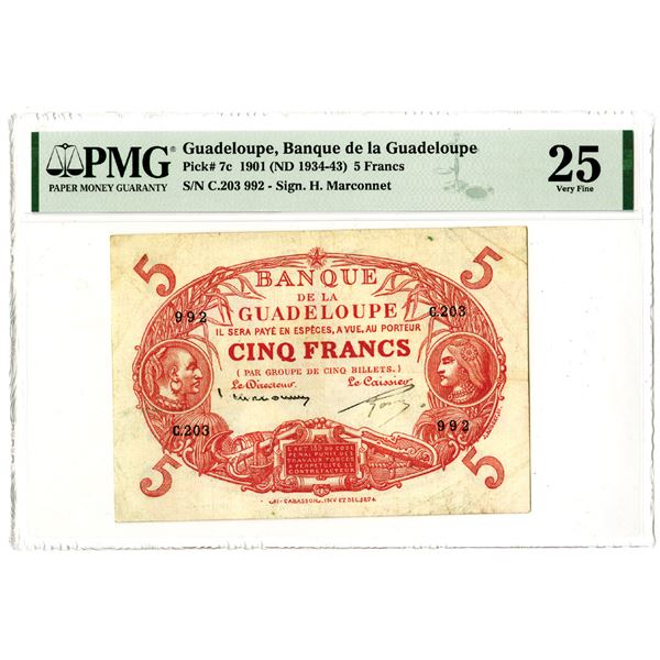 Banque de la Guadeloupe, 1901 (ND 1934-43) Issued Banknote