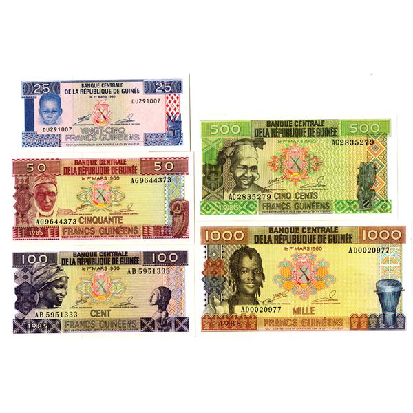 Banque Centrale de la Republique de Guinee Issued Banknote Quintet, 1985