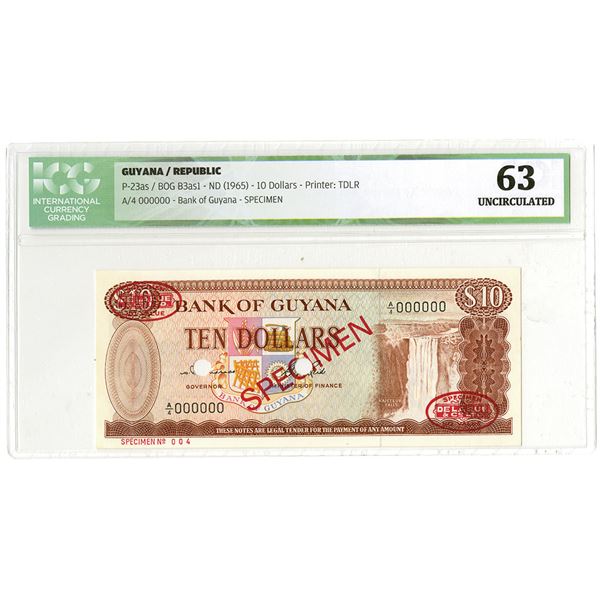 Bank of Guyana. ND (1965). Specimen Banknote.