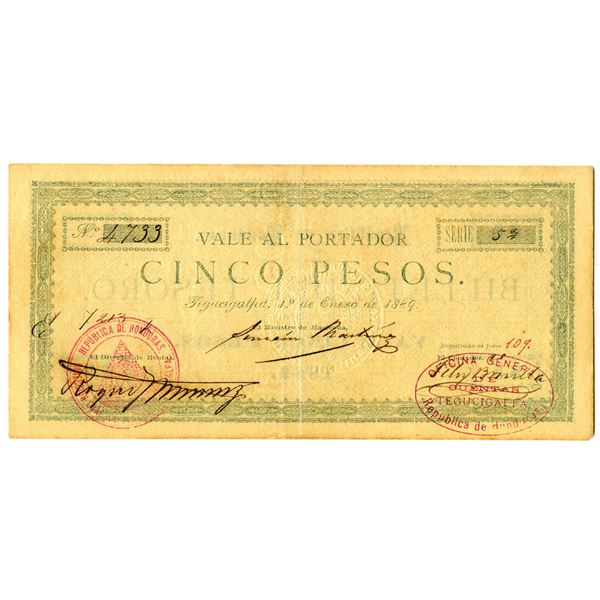 Vale al Portador, Billete del Tesoro, 1889 Issue Banknote Rarity.