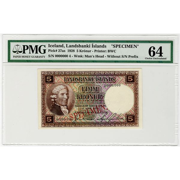 Landsbanki Islands. 1928. Specimen Banknote.