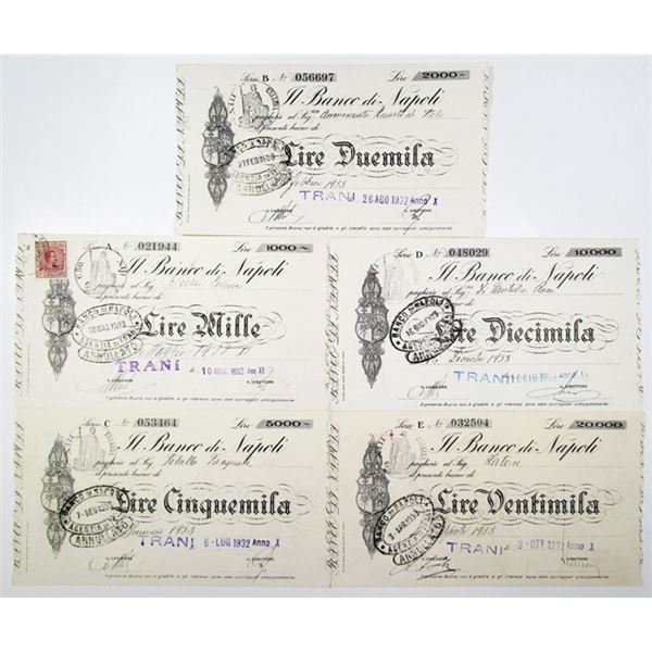 Banco di Napoli. 1932-1933. Lot of 5 Issued Interest Bearing Notes - Similar to Depression Scrip.