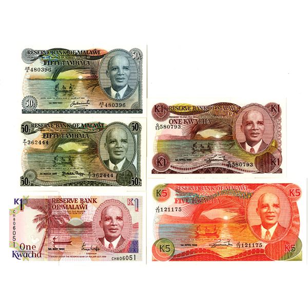 Reserve Bank of Malawi Issued Banknote Quintet, 1988-92