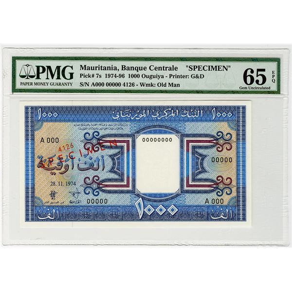 Banque Centrale de Mauritanie. 1974. Specimen Banknote.