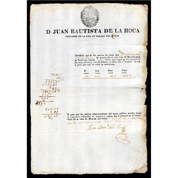 D Juan Bautista de la Roca, Counter of the Cuzco Mint Document, ca.1827