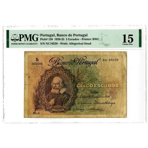 Banco de Portugal, 1921, Issued 5 Escudos Note.