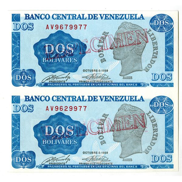 Banco Central De Venezuela, 1989 Uncut Vertical Pair of Specimen Notes.