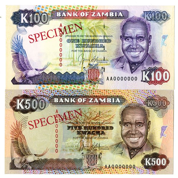 Bank of Zambia. ND (1991). Lot of 2 Specimen Notes.