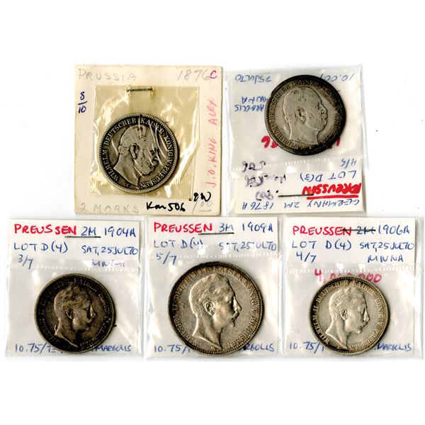 German States - Prussia, 1876 to 1909 2 Mark and 3 Mark Coin Assortment.