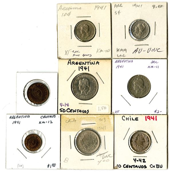 South American Coin Assortment, All dated 1941