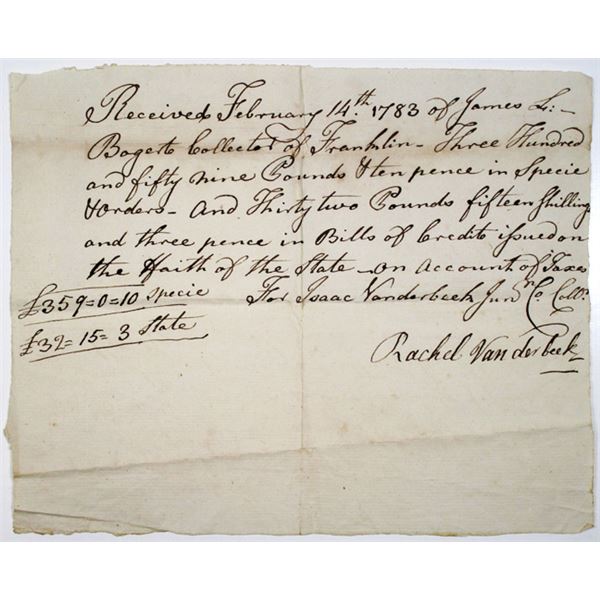 Franklin, NJ. Isaac and Rachel Vanderbeek, 1783 Handwritten Paid Tax Receipt