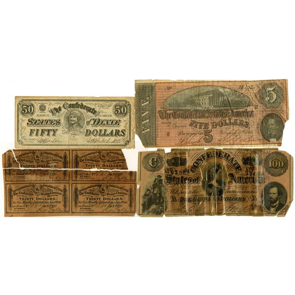 C.S.A., Banknote, Coupon and Ad Note Quartet, ca. 1864 to 1920's.