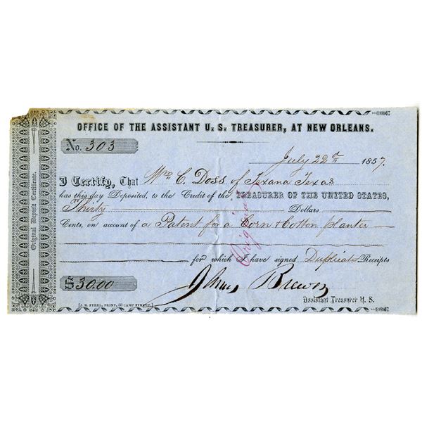 Office of the Assistant U.S. Treasurer, at New Orleans,  Original Deposit Certificate , 1857 For Pat