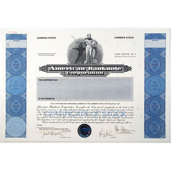 American Banknote Corp. 1996 Specimen Stock Certificate With ABN 200th Anniversary Hologram Logo At 