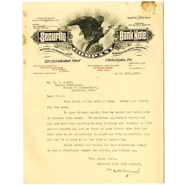 Security Bank Note Co. Letterhead, 1909 Typewritten Letter