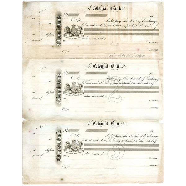 Colonial Bank, 1890  Uncut Proof First, Second, and Third Exchange Trio