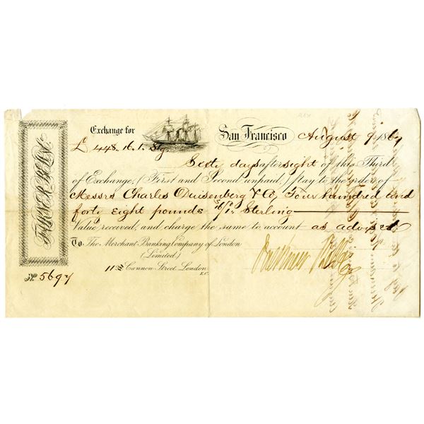 Merchant Banking Co. of London Ltd. 1867 Issued Gold Rush Era Third of Exchange