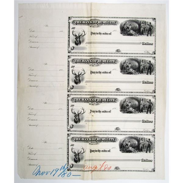 Bank of Ruby City, 1880 Unique Uncut Proof Sheet of 4 Checks.