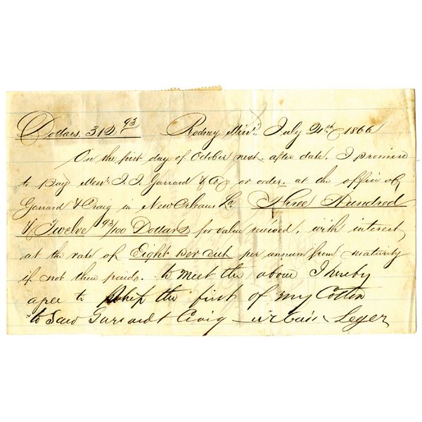 Garrard & Craig, 1866 Issued Promissory Note Partially Paid with Shipment of Cotton